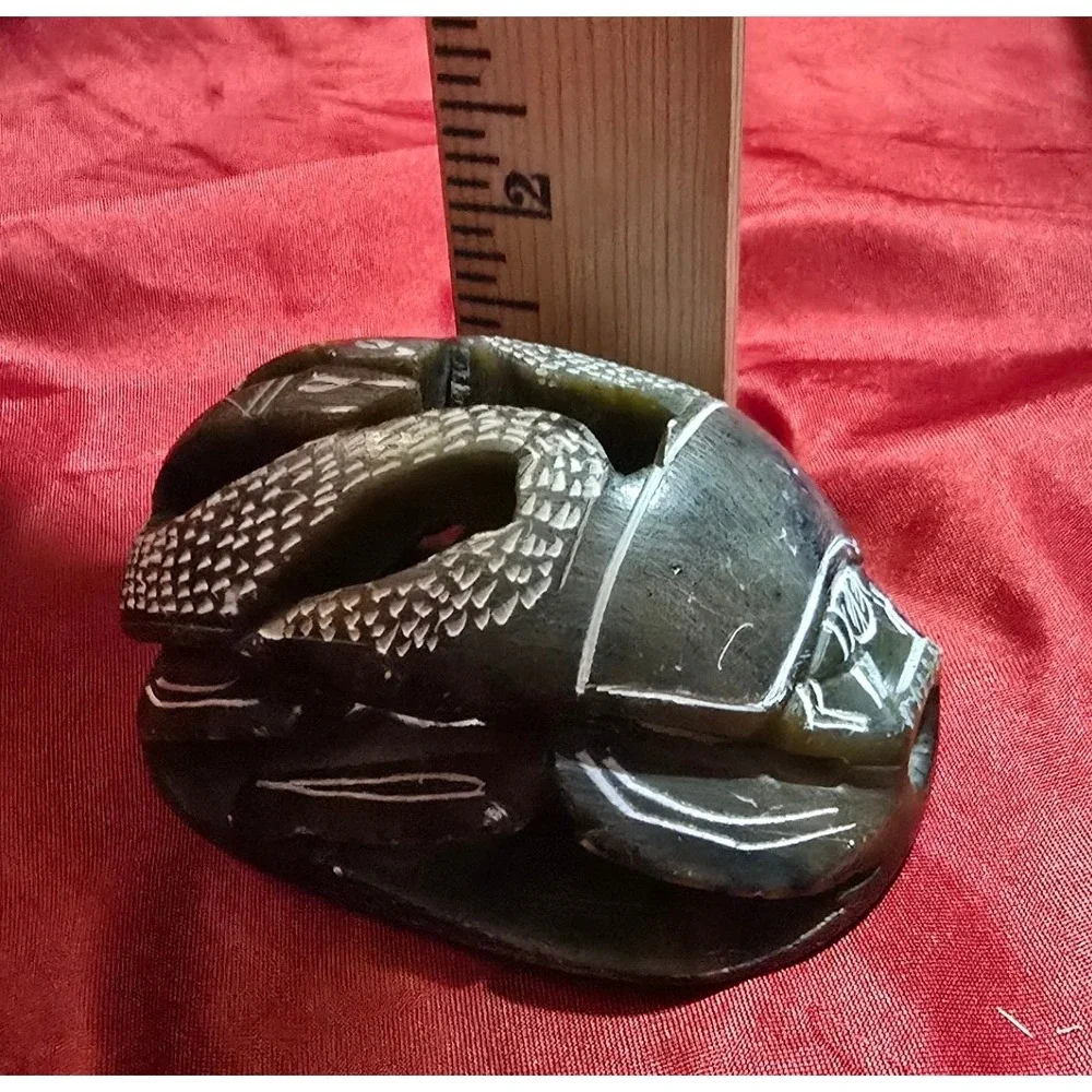 Vtg Hand Carved Soap Stone Egyptian Scarab Beetle Figurine with Snakes & Symbols